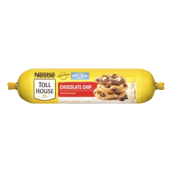 A tube of chocolate chip cookie dough with a red label and a stack of chocolate chip cookies.