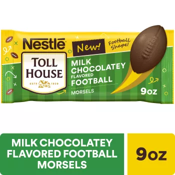 Front Center view of NESTLÉ® TOLL HOUSE® Milk Chocolatey Flavored Football Morsels, 9 oz. Bag NET WT 9 OZ (255g) product.