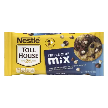 Bag of Triple Chip Mix with marble cookie and floating semi-sweet, dark chocolate and premier white morsels and A Perfect Mix badge.