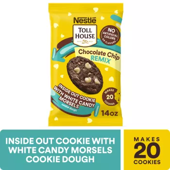 Front Center view of NESTLÉ TOLL HOUSE Inside Out Cookie with White Candy Morsels Cookie Dough 14oz Pack NET WT 14 OZ (396g) product.
