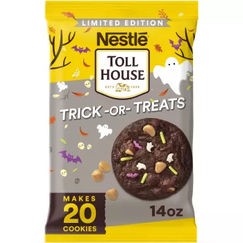 Front Center view of TOLL HOUSE Trick or Treats Refrigerated Cookie Dough 14oz Bar NET WT 14 OZ (396 g) product.