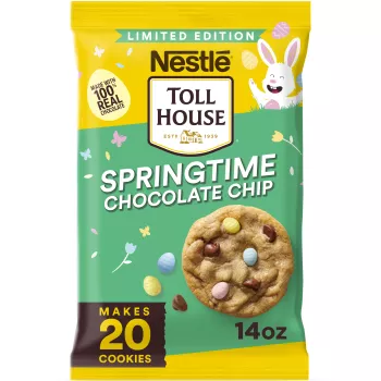 Front Center view of NESTLÉ TOLL HOUSE Springtime Chocolate Chip Cookie Dough with Egg Sprinkles 14oz Pack NET WT 14 oz (396 g) product.