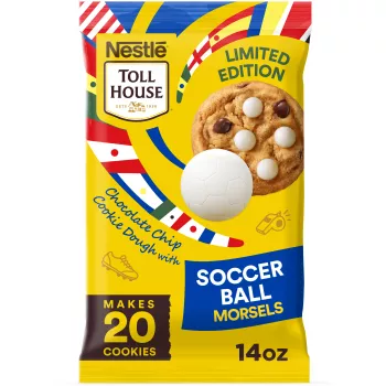 Front Center view of TOLL HOUSE Refrigerated Cookie Dough Soccer Morsel Chocolate Chip Bar 14oz NET WT 14 OZ (396g) product.
