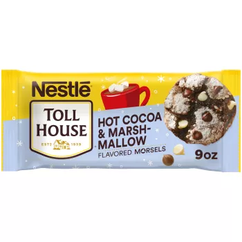 Bag of hot cocoa & marshmallow flavored morsels with illustrated cup of hot cocoa and falling leaves and a chocolate cookie.