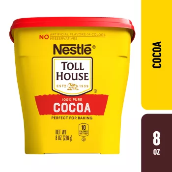 A yellow container with a red lid featuring the NESTLÉ® TOLL HOUSE® logo above a red label that reads "cocoa."