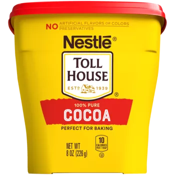 A yellow container with a red lid featuring the NESTLÉ® TOLL HOUSE® logo above a red label that reads "cocoa."