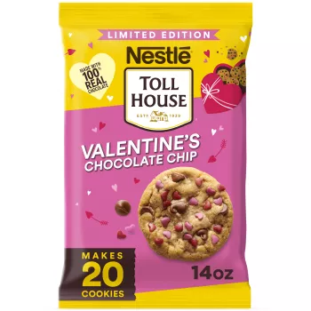 Front Center view of TOLL HOUSE Valentine Chocolate Chip Refrigerated Cookie Dough Bar 14 Ounce Bag NET WT 14 OZ (396 g) product.
