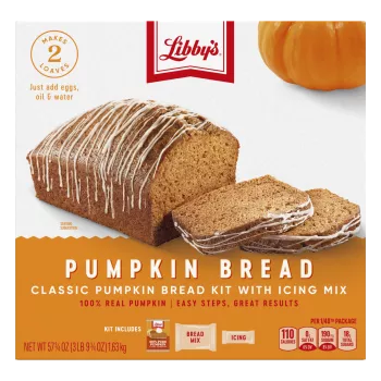 Front Center view of LIBBY'S Classic Pumpkin Bread Kit with Icing Mix 57.75 oz Single Carton NET WT 57 3/4 OZ (3 lb 9 3/4 OZ) 1.63 kg product.