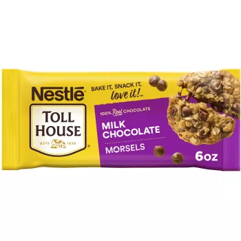 Front Center view of NESTLÉ® TOLL HOUSE® Milk Chocolate Morsels, 6 oz NET WT 6 oz (170 g) product.