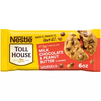 Front Center view of NESTLÉ® TOLL HOUSE® Milk Chocolate & Peanut Butter Flavored Morsels, 6 oz. Bag NET WT 6oz (170 g) product.