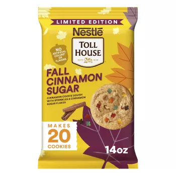 Front Center view of NESTLÉ® TOLL HOUSE® Fall Cinnamon Sugar Cinnamon Cookie Dough with Sprinkles & Cinnamon Sugar Flakes, 14oz Pack NET WT 14 oz (396 g) product.