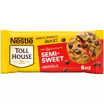 Front Center view of NESTLÉ® TOLL HOUSE® Semi-Sweet Morsels 6 oz. Bag NET WT 6 oz (170 g) product.