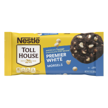 A bag of premier white morsels with a blue label and a chocolate cookie with white morsels.