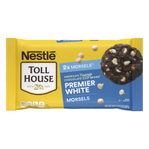 A bag of premier white morsels with a blue label and a chocolate cookie with white morsels.