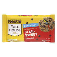 A yellow bag of semi-sweet chocolate morsels with a red label and a melty chocolate chip cookie.