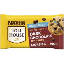 A yellow bag of dark chocolate morsels with a maroon label and a melty chocolate chip cookie.