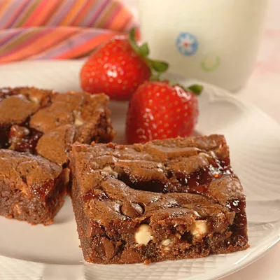 Chocolate, Peanut Butter & Jelly Swirl Brownies