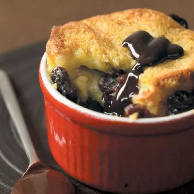 Warm Cherry Bread Pudding with Chocolate Sauce