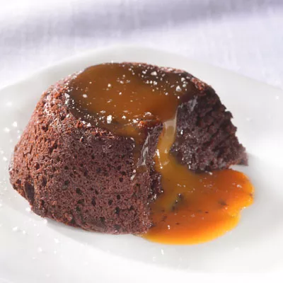 Caramel & Sea Salt Topped Molten Dark Chocolate Cakes