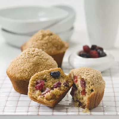 Sugar-Dusted Wheat Muffins with Berries & Cherries