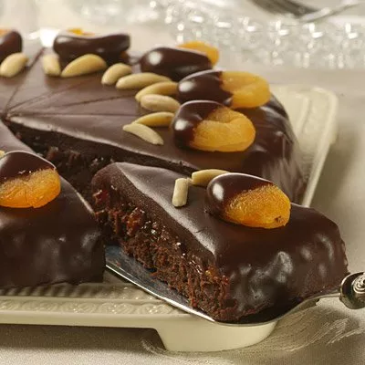 Decadent Fudge Cake with Bourbon-Apricot Filling and Chocolate Ganache