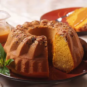 Pumpkin Pecan Bundt Cake with Spiced Caramel Sauce