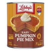 A can of Easy Pumpkin Pie Mix with a whole pumpkin pie beside a gold serving spatula.