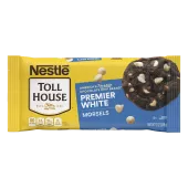 A bag of premier white morsels with a blue label and a chocolate cookie with white morsels.