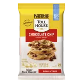A package of chocolate chip cookie dough with a red label and 3 chocolate chip cookies.