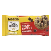 Bag of semi-sweet chunks with a gooey chocolate chip cookie, chocolate chunks and deliciously rich & creamy badge.