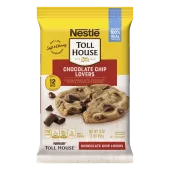 A package of chocolate chip lover cookie dough with chocolate chips and chunks with a red label and a melty cookie.