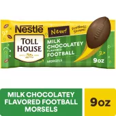 Front Center view of NESTLÉ® TOLL HOUSE® Milk Chocolatey Flavored Football Morsels, 9 oz. Bag NET WT 9 OZ (255g) product.
