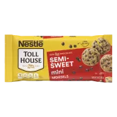 A package of semi-sweet mini morsels with a red label and three chocolate chip cookies.