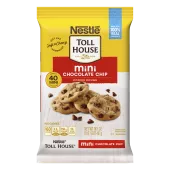 A package with a red label that reads "mini chocolate chip cookie dough" and four chocolate chip cookies.