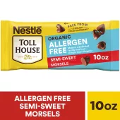 A bag of allergen free semi-sweet chocolate morsels with a red label and a melty chocolate chip cookie.