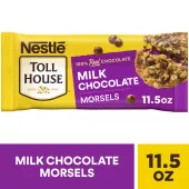 A yellow bag of milk chocolate morsels with a purple label and a melty chocolate chip oatmeal cookie.