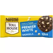 A bag of premier white morsels with a blue label and a chocolate cookie with white morsels.