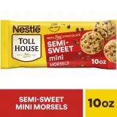 A package of semi-sweet mini morsels with a red label and three chocolate chip cookies.