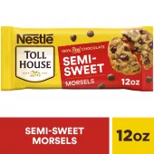 A yellow bag of semi-sweet morsels with a red label beside a gooey chocolate chip cookie and chocolate morsels.
