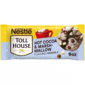 Bag of hot cocoa & marshmallow flavored morsels with illustrated cup of hot cocoa and falling leaves and a chocolate cookie.