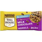 A bag of milk chocolate morsels with a purple label and a melty oatmeal chocolate chip cookie.