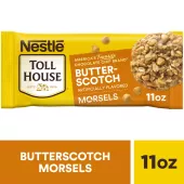 A bag of semi-sweet chocolate morsels with an orange label and a butterscotch morsel and oat cookie.