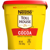A yellow container with a red lid featuring the NESTLÉ® TOLL HOUSE® logo above a red label that reads "cocoa."