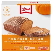 A Pumpkin Bread Kit with two loaves and slices of pumpkin bread under an illustrated pumpkin.