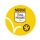 Nestle Toll House logo on a yellow background with a cartoon drawing of a cookie bouncing below it.